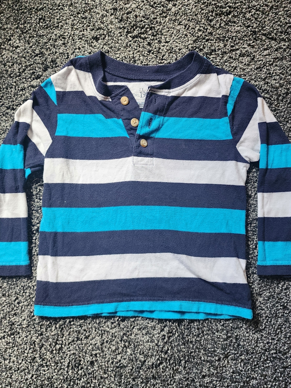 Place Boys Long-Sleeve Stripe Henley - Navy, Teal & White 2T Button Down